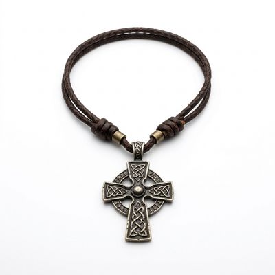Ett halsband med läderband och ett smycke. Smycket är ett utsmyckat kors.